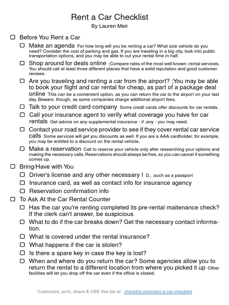 Rent A Car Checklist Download Free PDF Car Rental Credit Card