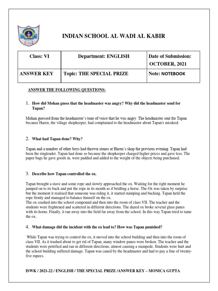 The Special Prize: Answer Key Class 6 | PDF