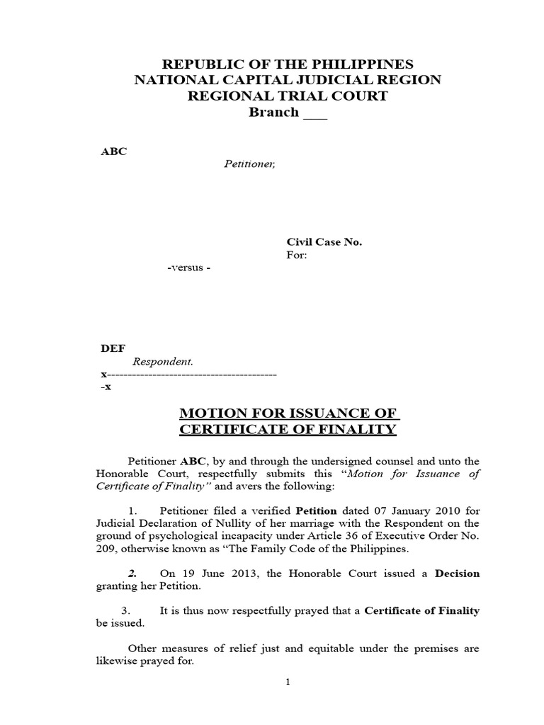 Motion for Certificate of Finality | PDF