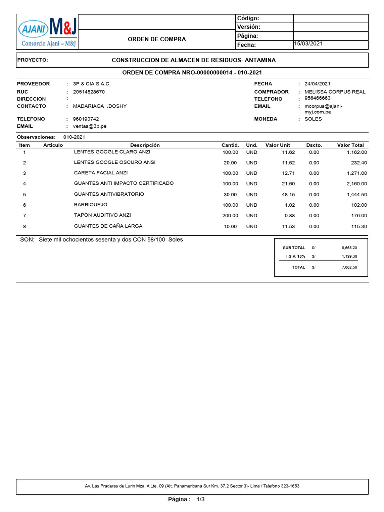 Orden de Compra: Materiales Antamina | PDF