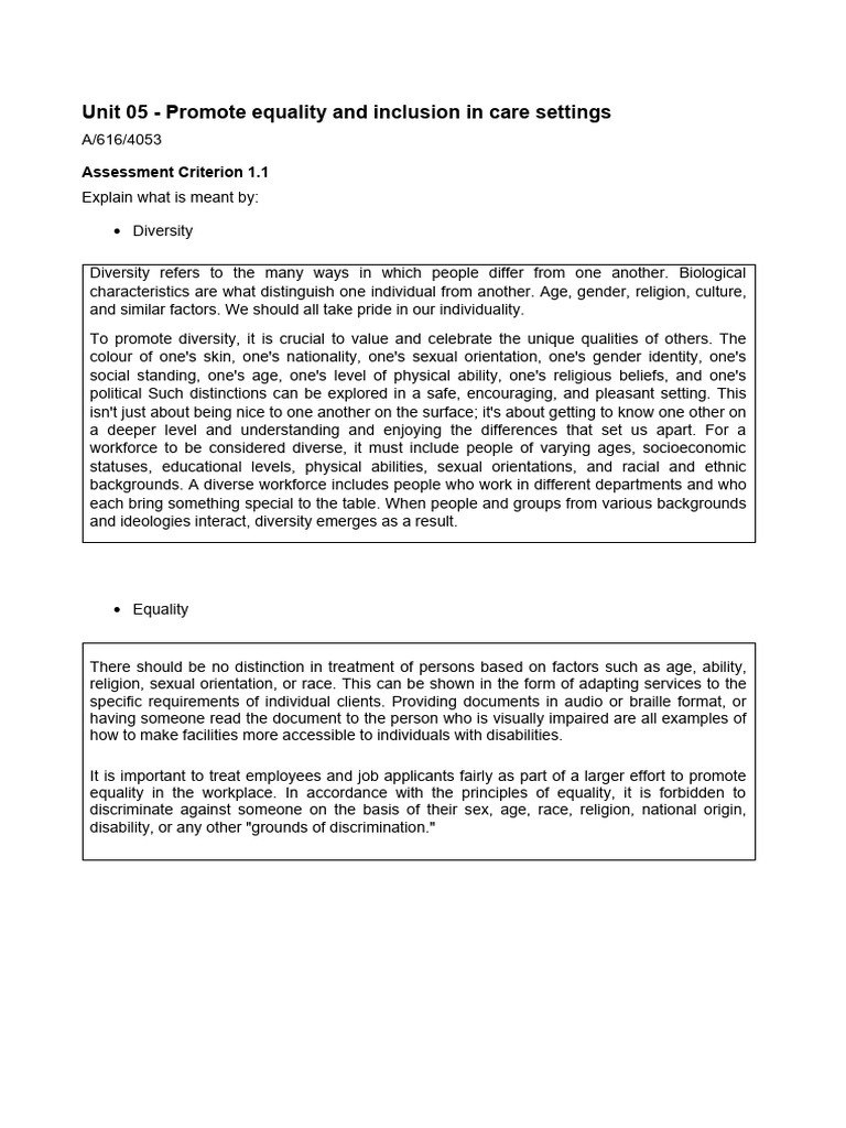 Adult Care Level 3 - Unit 5 Activities Revised1 | PDF | Discrimination ...