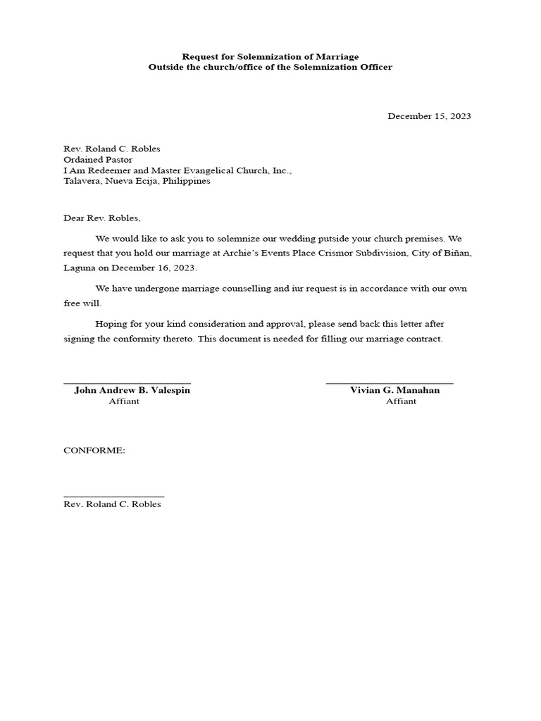 Marriage Solemnization Request Letter | PDF