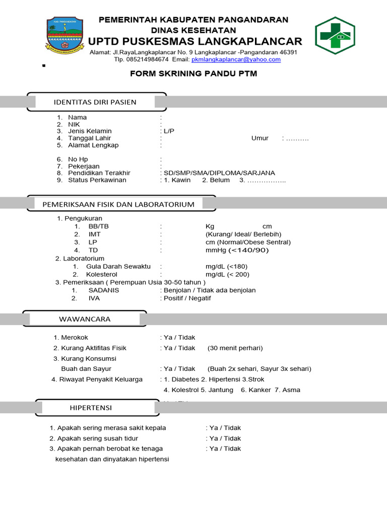 Form Skrining PTM Puskesmas Langkaplancar | PDF