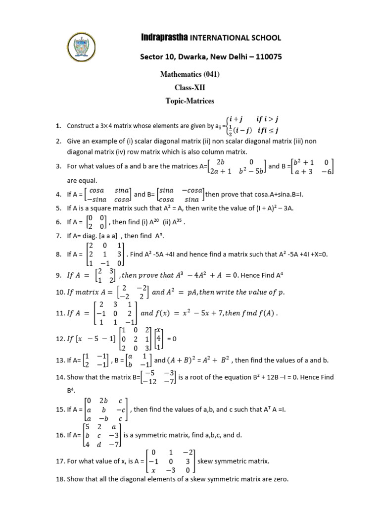 Class XII Matrices Worksheet | PDF | Matrix (Mathematics ...