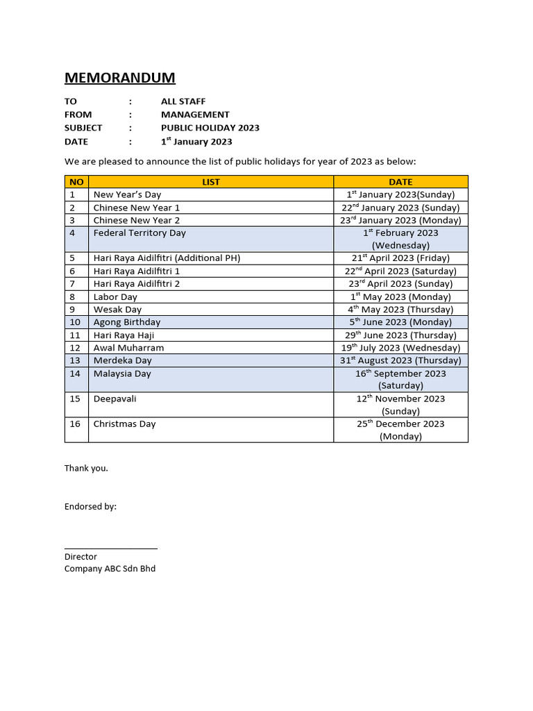MEMO - Public Holiday (2023) | PDF