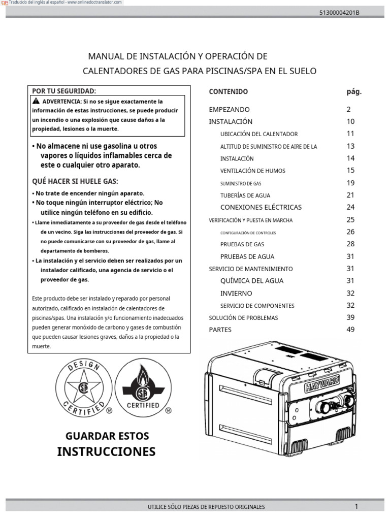 In Ground Pool Spa Gas Heaters Installation Operations Manual En Es