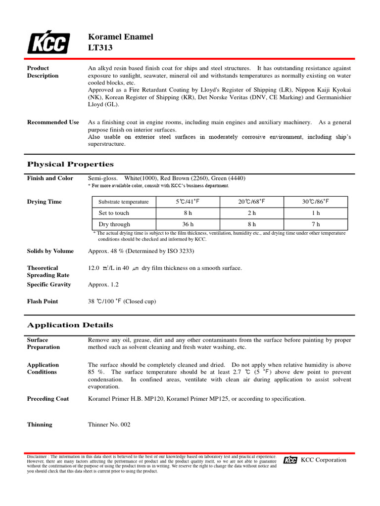 KCC DATASHEET Koramel Enamel LT313 Eng PDF Water Paint