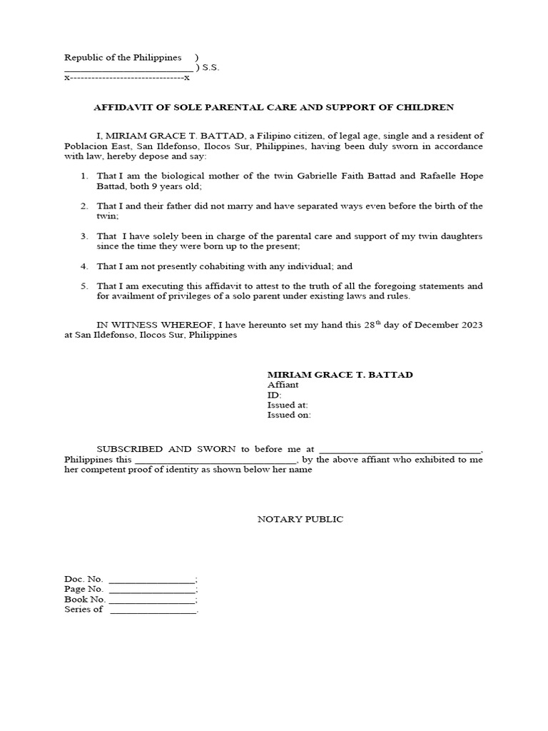 Affidavit of Sole Parental Care and Support of Children Battad PDF