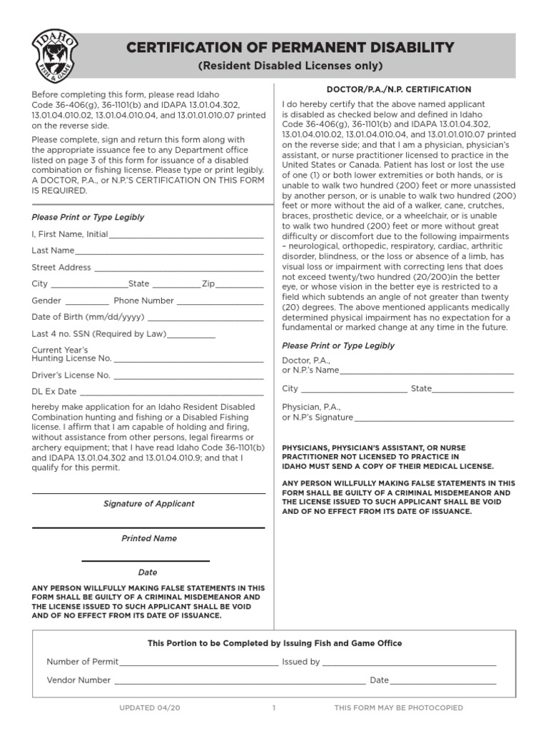 Form Disability Permanent Certification PDF Social Security