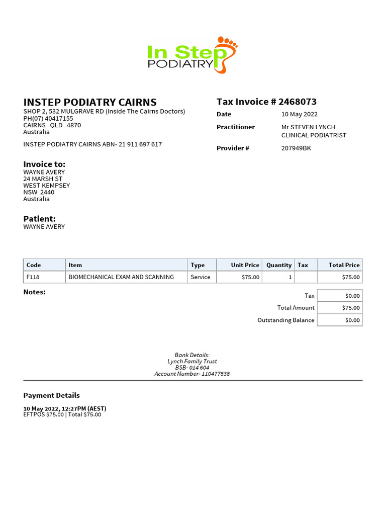 Podiatry Invoice for Biomechanical Exam | PDF