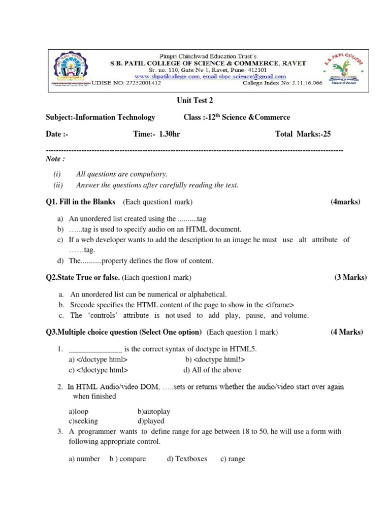 12th Unit Test 2 Science Pdf Html Html Element
