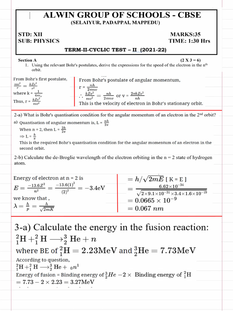 Class 12 Phy Cy 2 (Term 2) Feb 2022 Answer Key | PDF