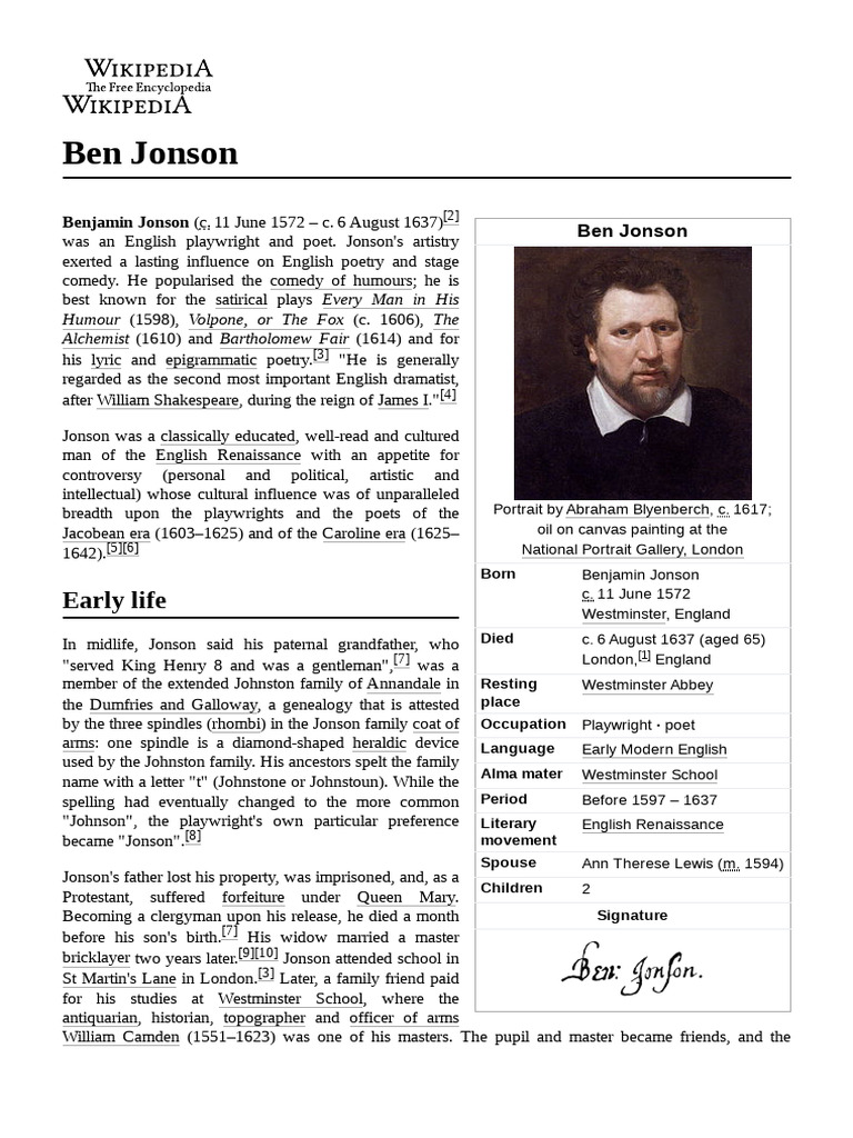 Ben Jonson: Life and Works Overview | PDF
