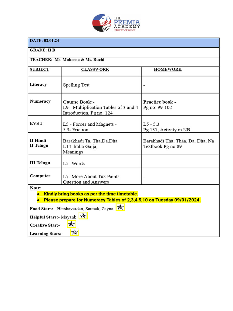 Grade 2B - Diary Note | PDF