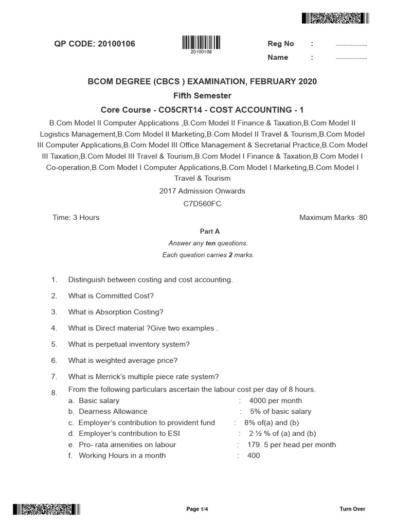 Bcom 5 Sem Cost Accounting 1 20100106 Feb 2020 | PDF | Cost | Depreciation