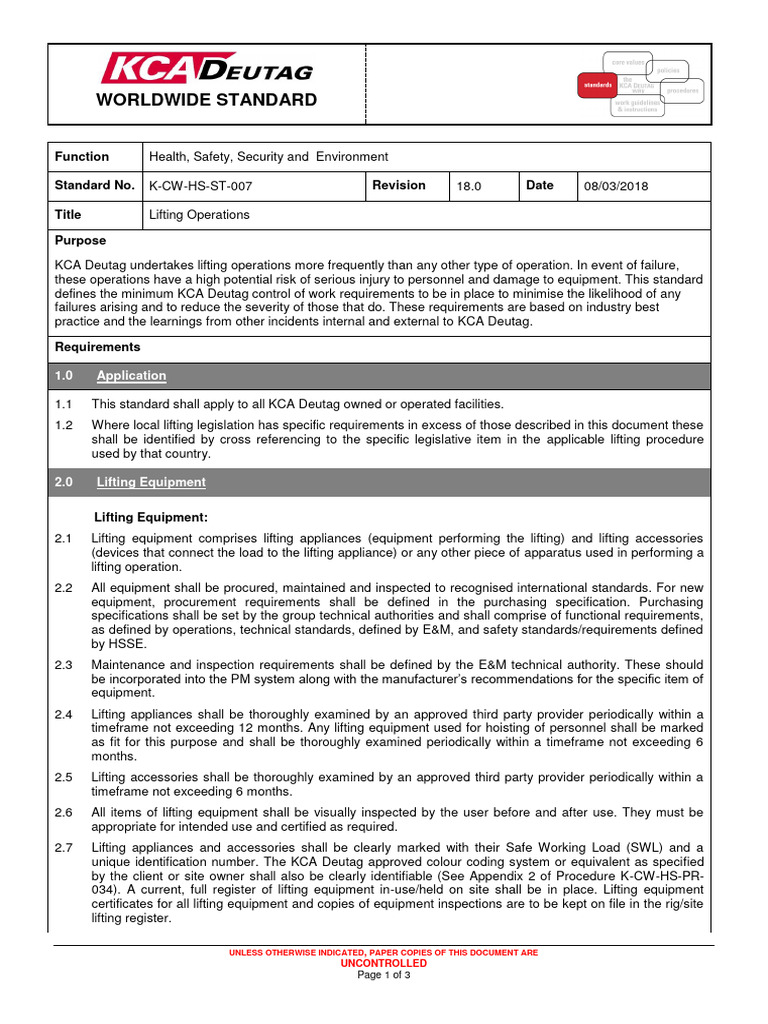 KCA Deutag Lifting Operations Standard | PDF | Crane (Machine) | Safety