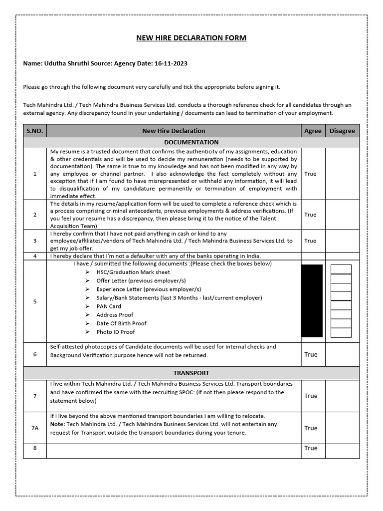 Tech Mahindra New Hire Declaration Form | PDF | Employment | Government