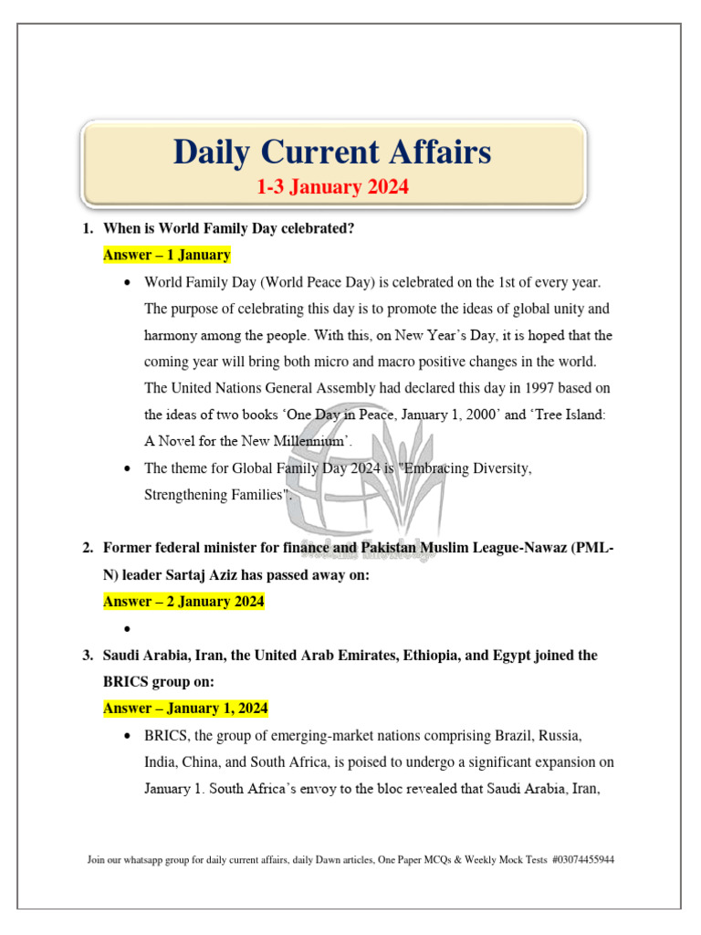 Daily Current Affairs - 1-3 January 2024 | PDF