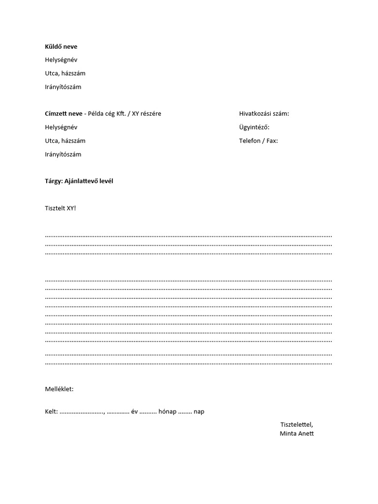 Hivatalos - Level - Minta - Ajánlattevő Levél | PDF