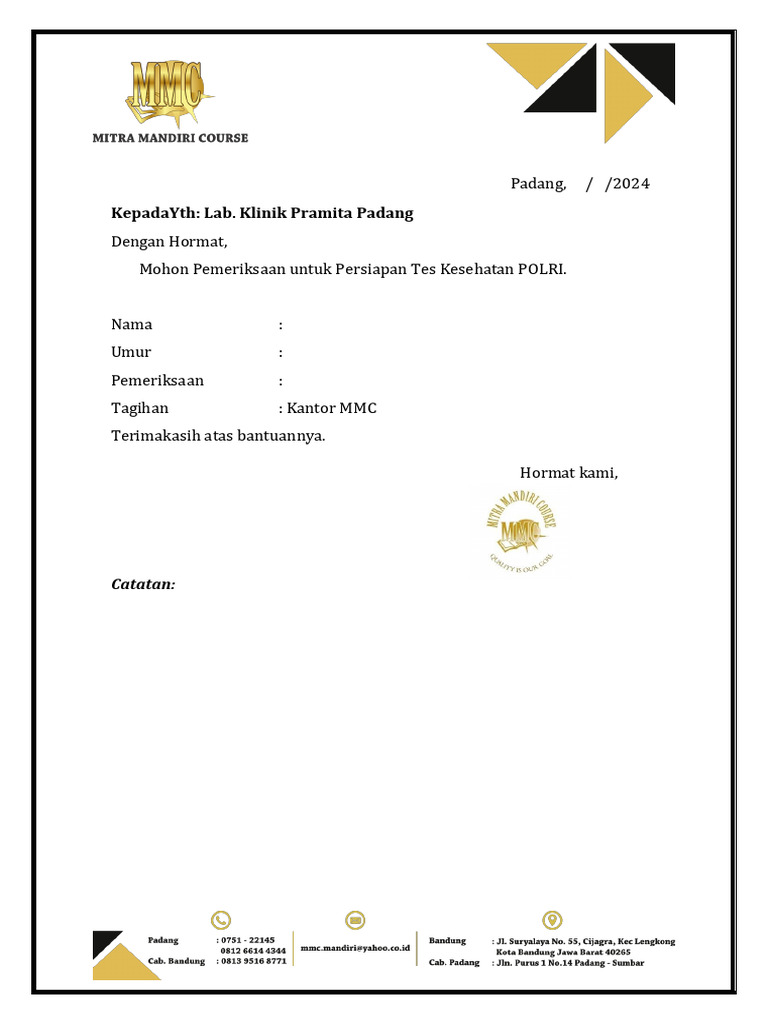Surat Pengantar Cek Lab Pramita Edit | PDF