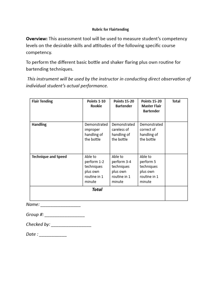 Flairtending Assessment Rubric | PDF | Career & Growth