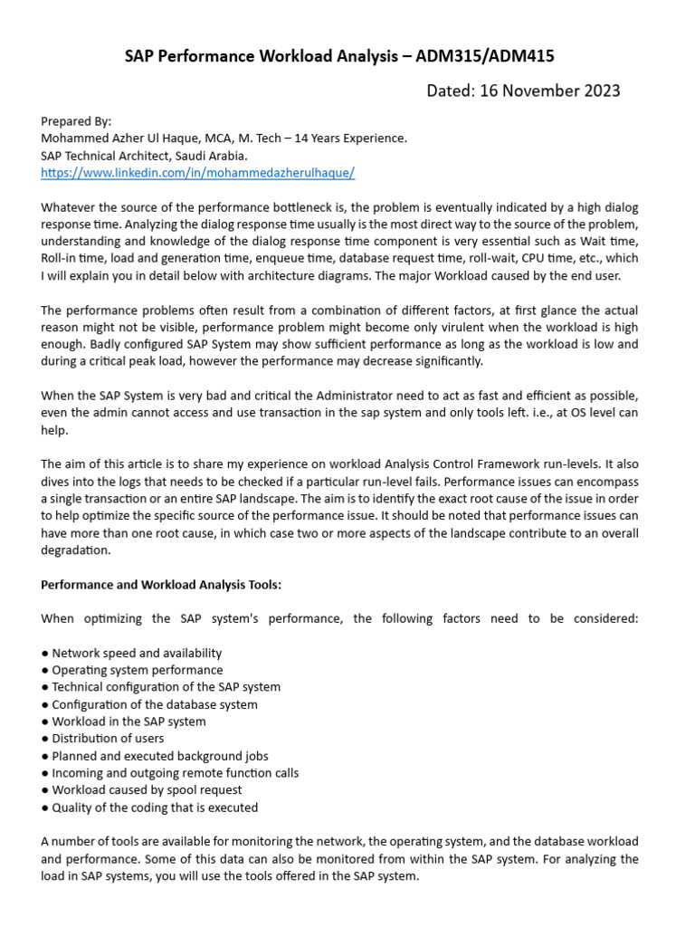 SAP Workload Analysis and Optimization | PDF