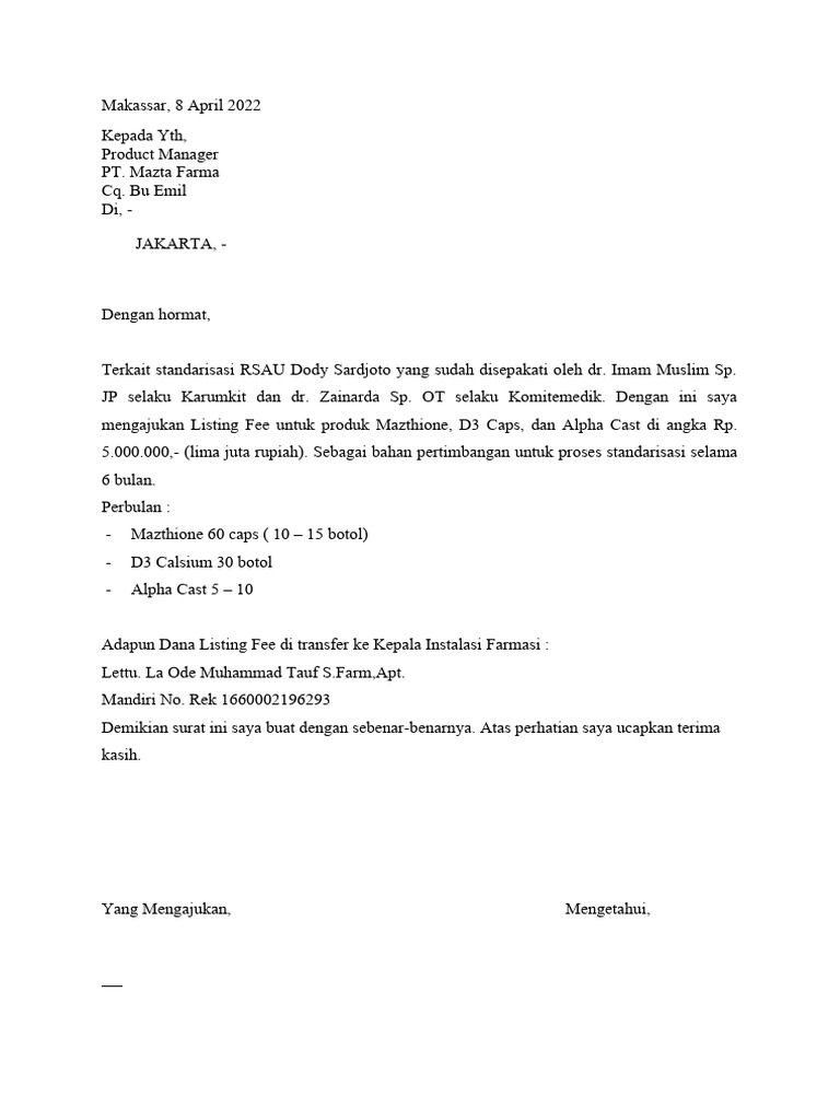 Surat Pengajuan Listing Fee Produk | PDF | Kesehatan Holistik
