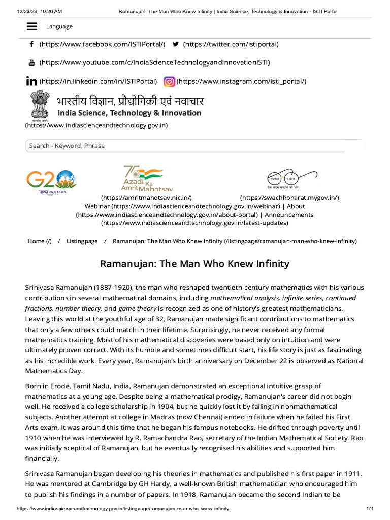 Ramanujan - The Man Who Knew Infinity - India Science, Technology & Innovation - IsTI Portal | PDF