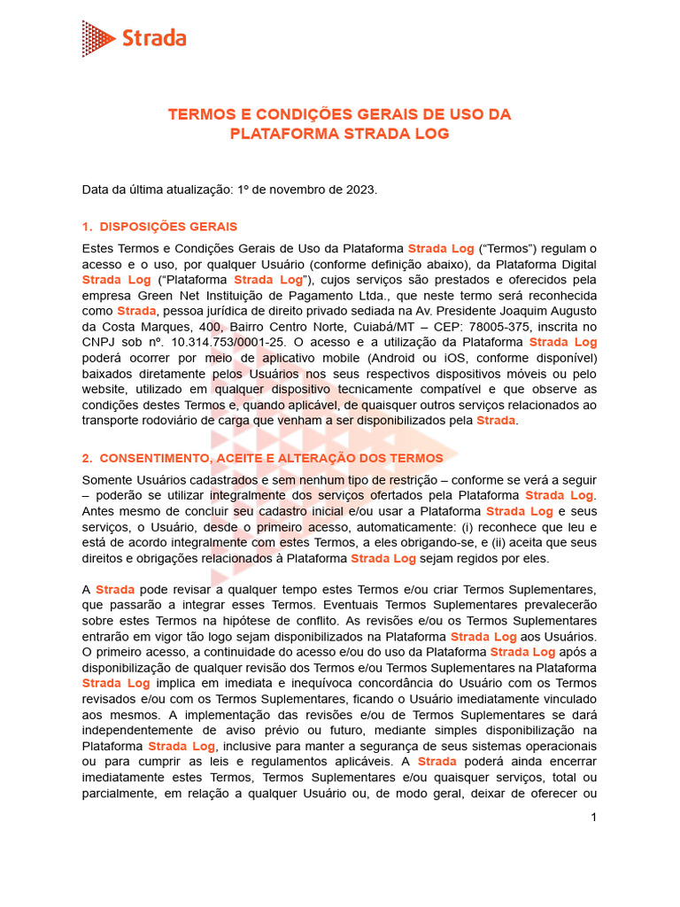 Strada Termos e Condicoes Gerais de Uso Plataforma Strada Log 01.11. ...