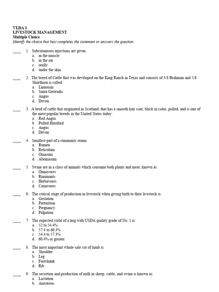VLDA 1 LIVESTOCK MANAGEMENT MCQ PDF Sheep Cattle