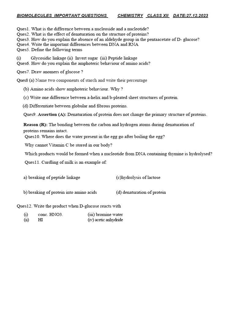 Biomolecules Important Questions Chemistry Class Xii | PDF