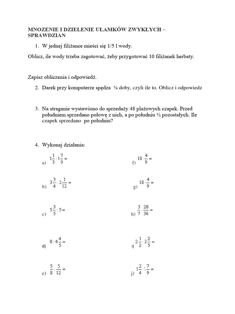 Mnożenie I Dzielenie Ułamków Zwykłych Zadania Klasa 5 Pdf