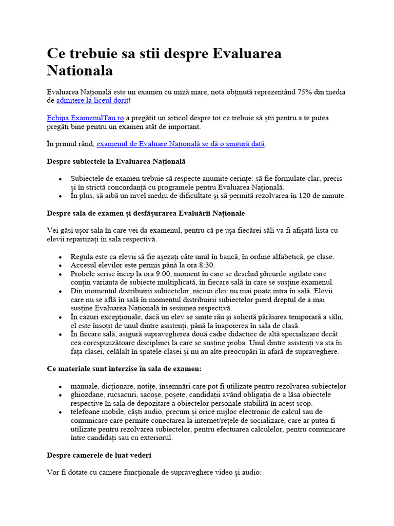 Ce Trebuie Sa Stii Despre Evaluarea Nationala | PDF