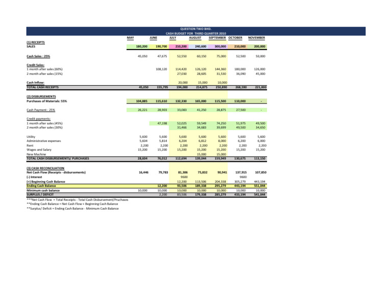 Cash Budget Analysis Q3 2010 | PDF