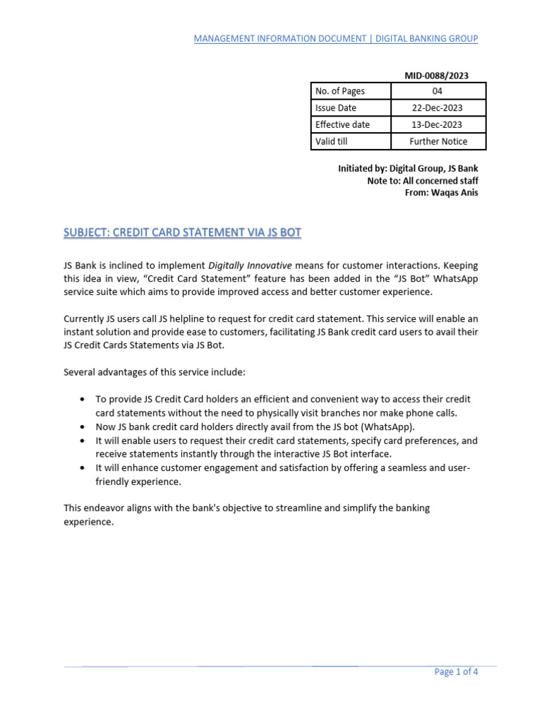 JS Bank Credit Card Statement via Bot | PDF | Credit Card | Service ...