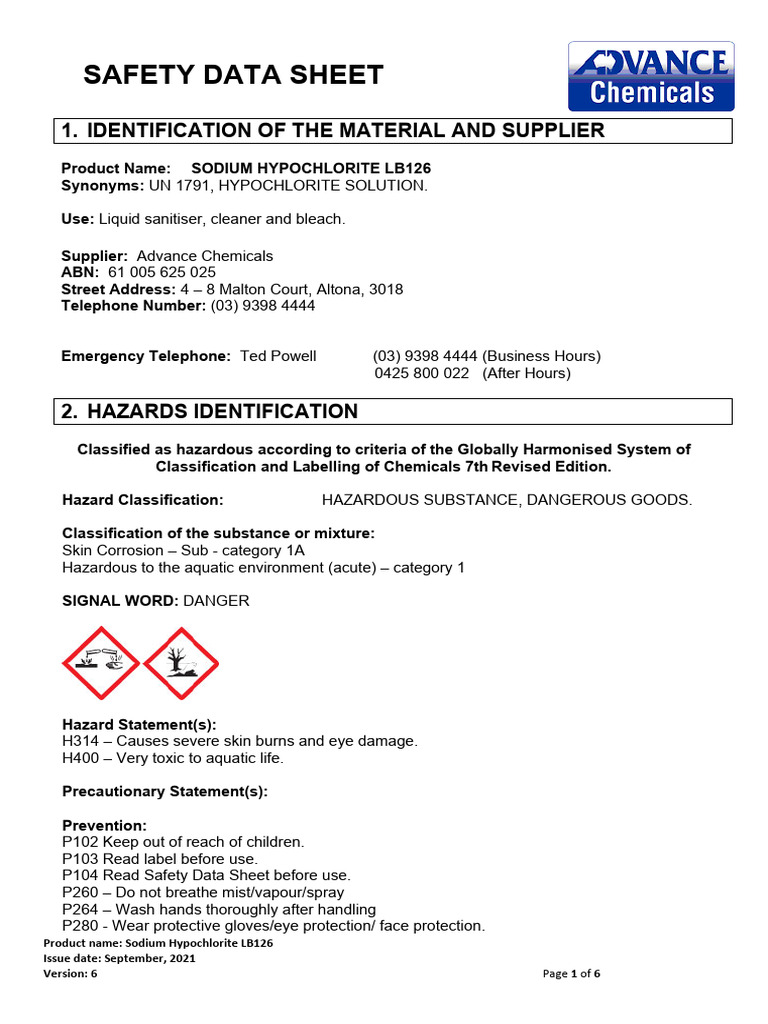 126 Sodium Hypochlorite PDF Dangerous Goods Personal Protective
