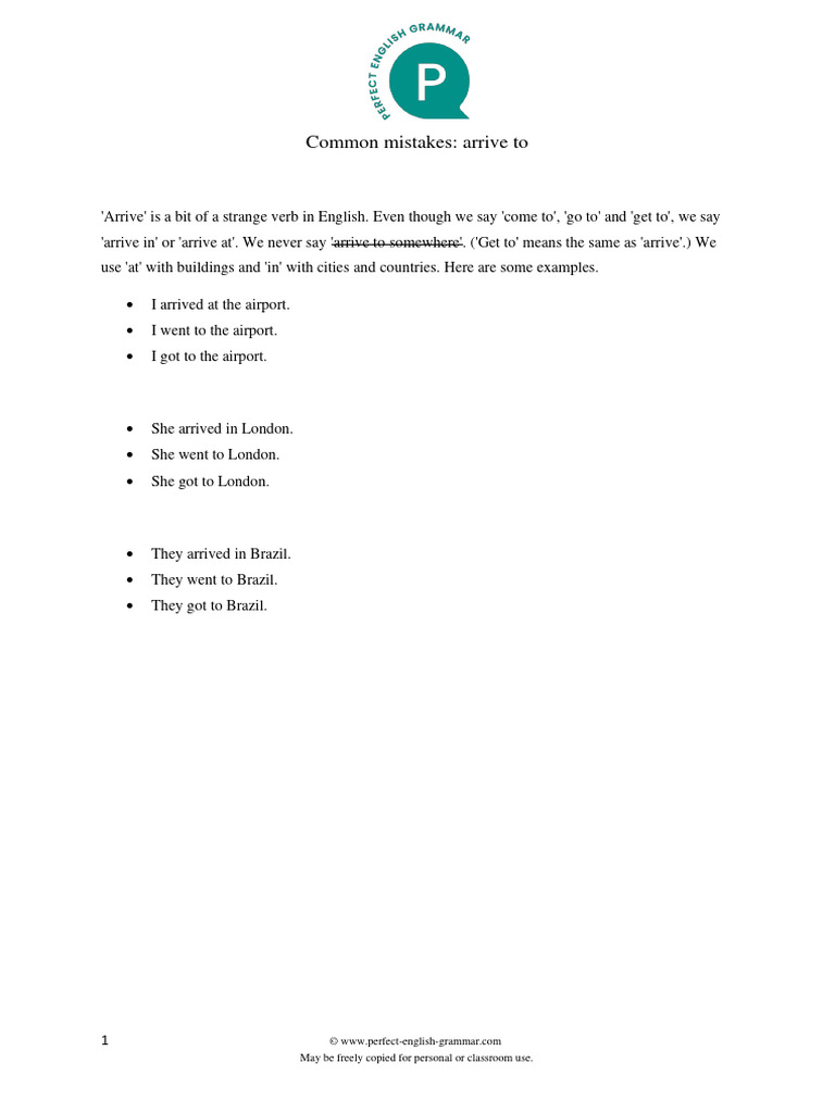 Common Preposition Mistakes with Arrive | PDF