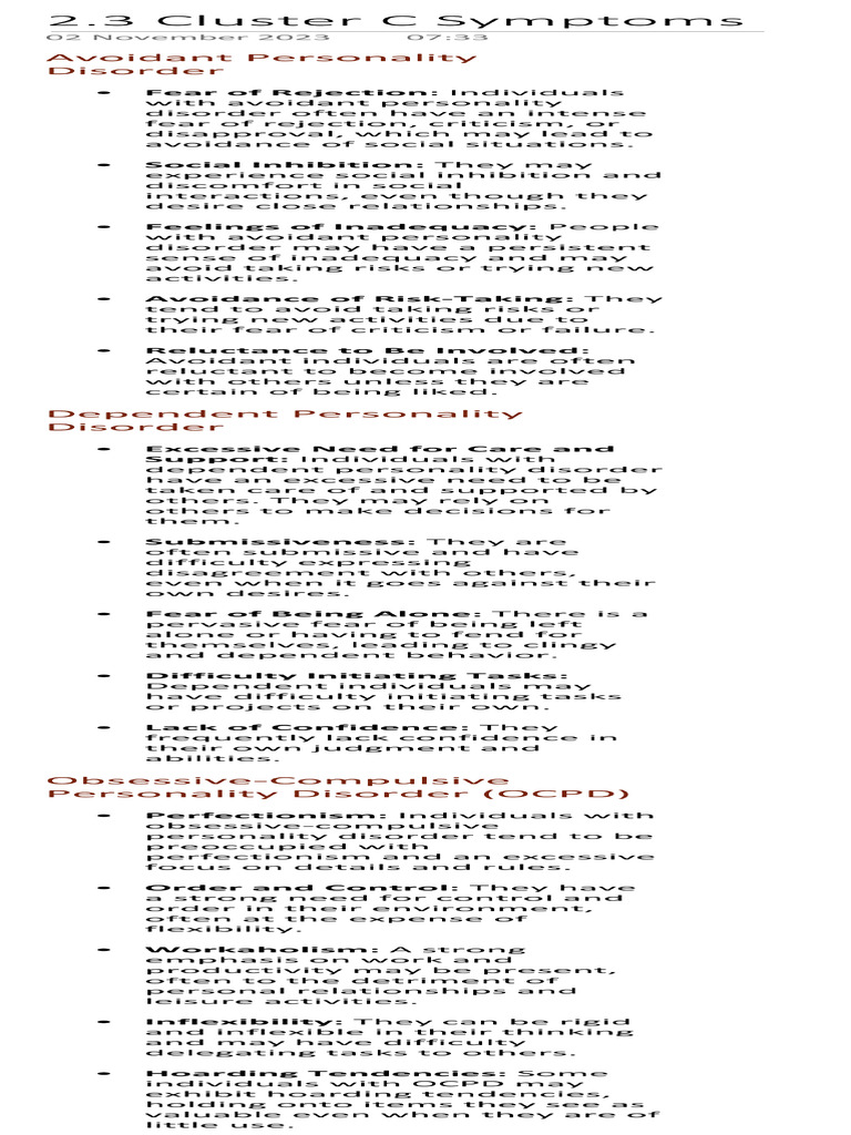 2.3 Cluster C Symptoms | PDF