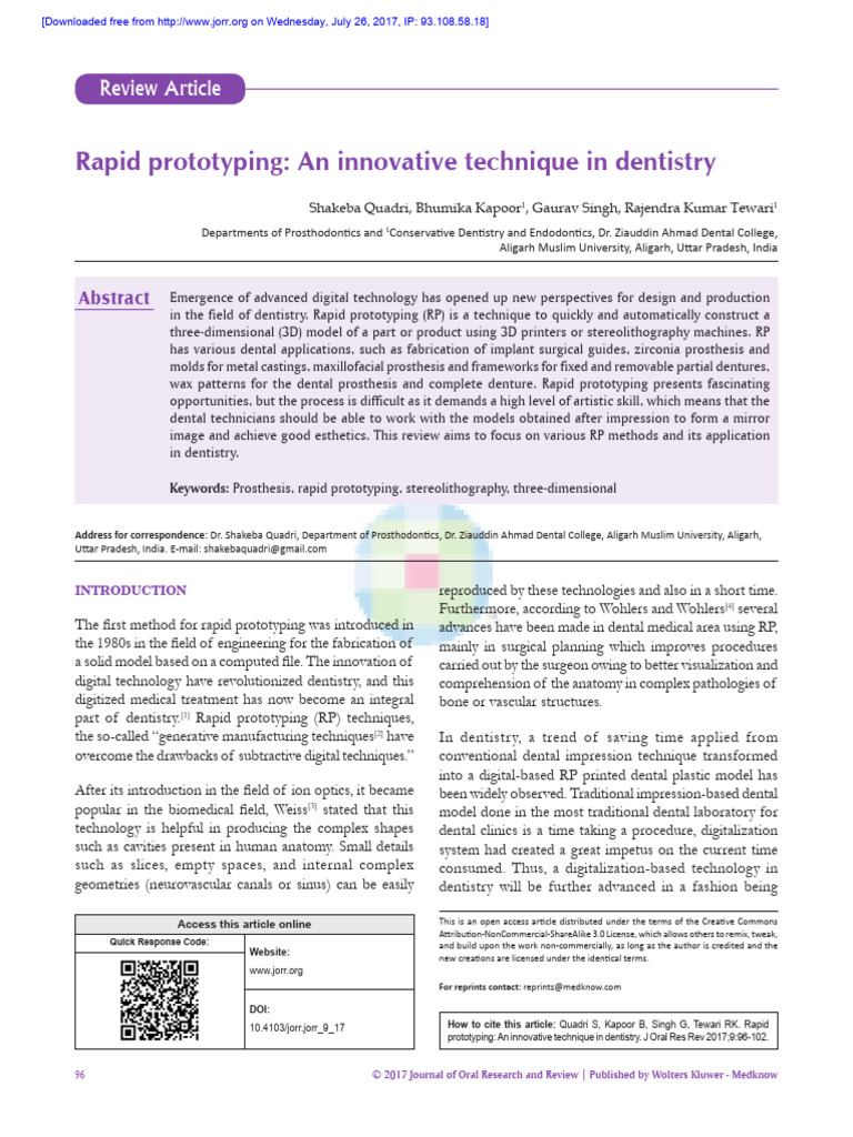 Rapid Prototyping An Innovative Technique in Denti | PDF | 3 D Printing ...