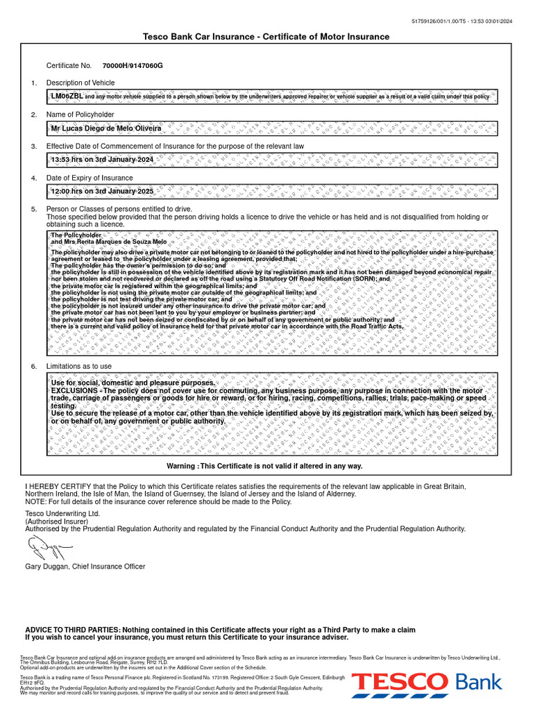 Tesco Car Insurance Certificate | PDF | Insurance | Vehicle Insurance