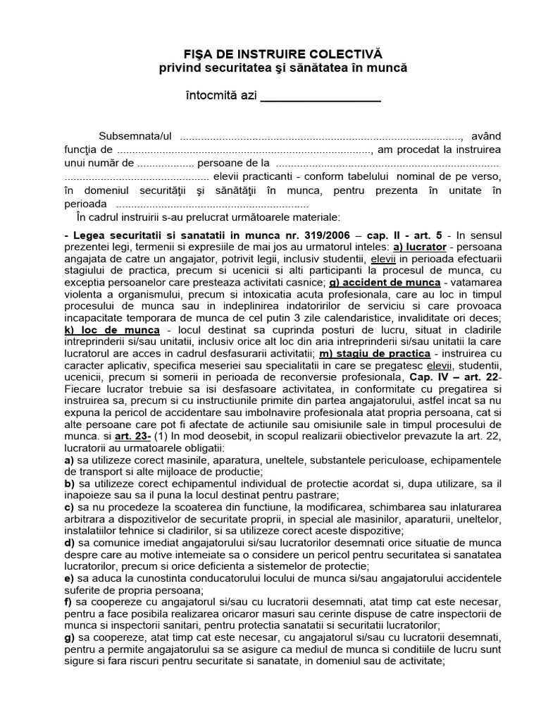 FISA DE INSTR COLECTIVA - Practica Elevistudenti Ok | PDF