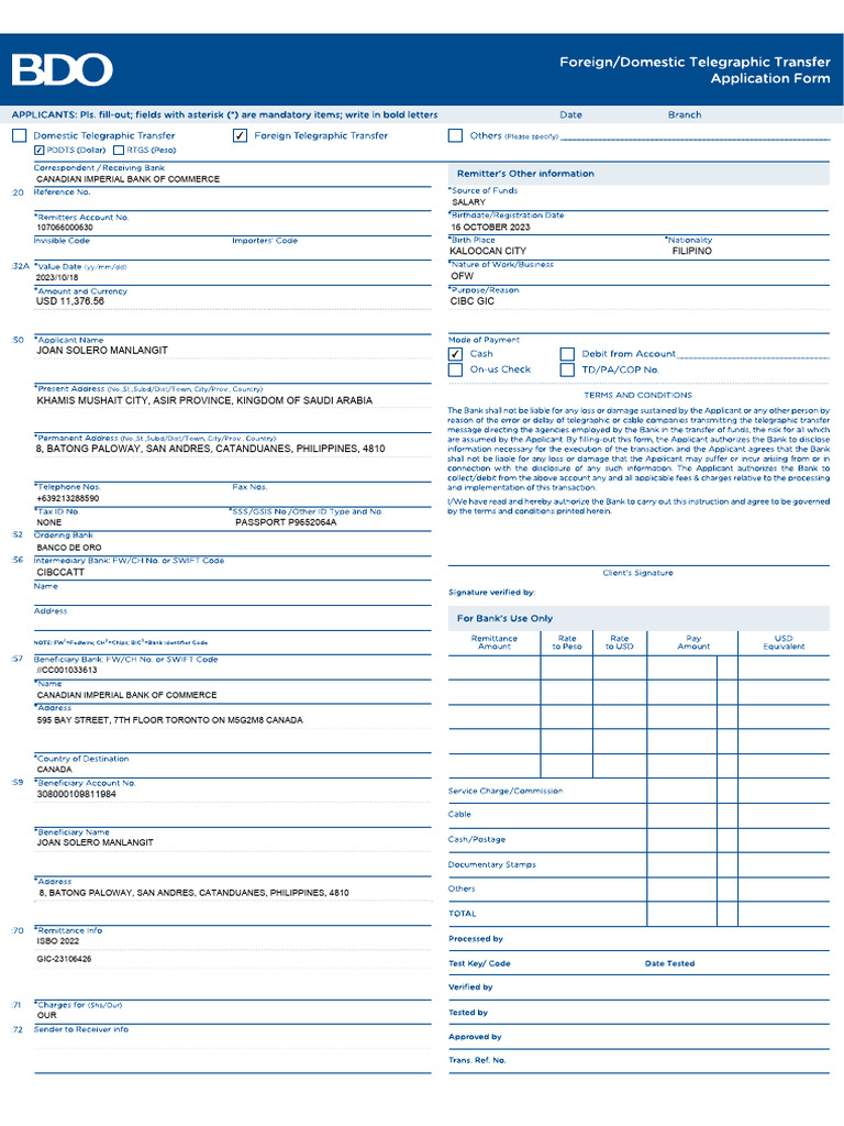 BDO Swift Code and Salary Details | PDF