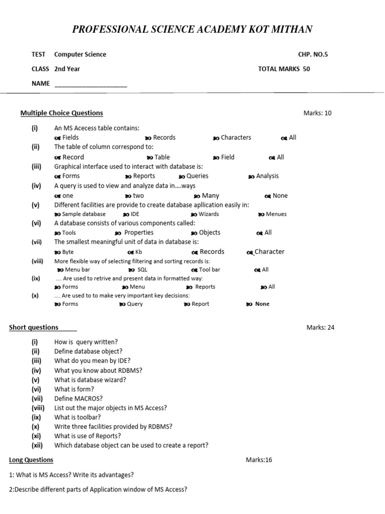 6th Test 2nd Year Chap Five | PDF | Microsoft Access | Databases