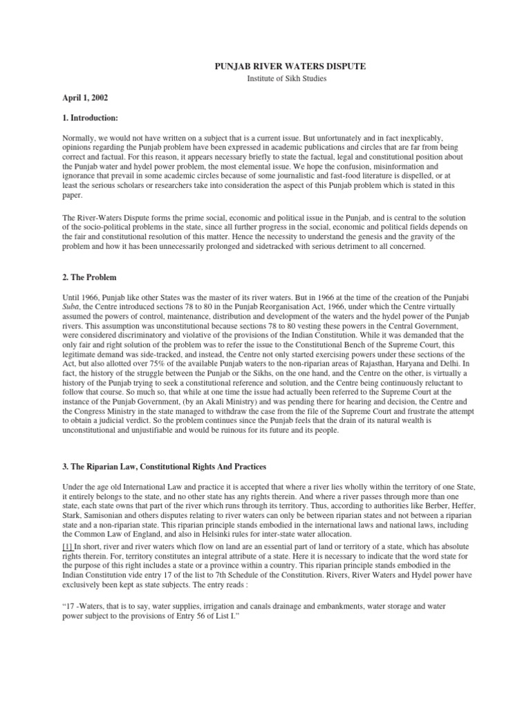 Punjab Water Rights and Riparian Law | PDF | Justice | Crime & Violence