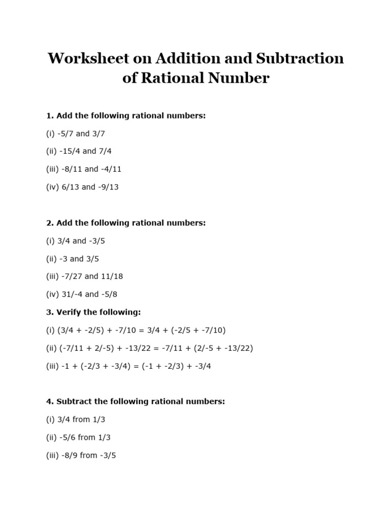 Worksheet on addition and subtraction of rational number pdf