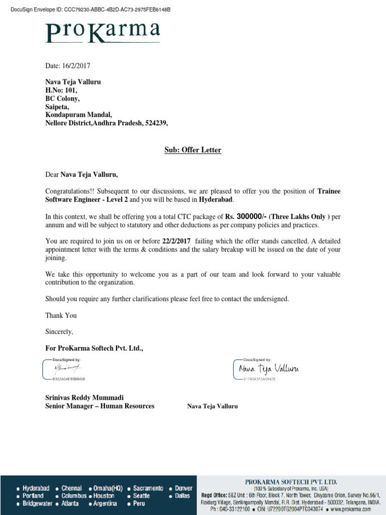 ProKarma Offer Letter for Trainee Engineer | PDF | Government