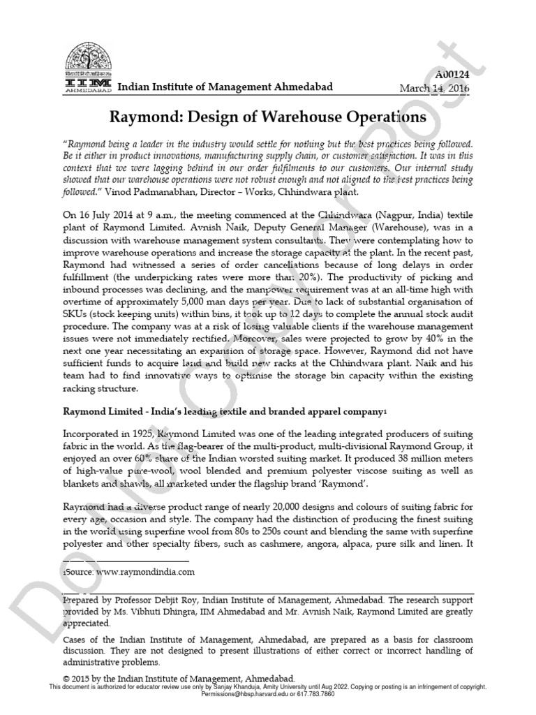 Raymond Warehouse Case Pdf Warehouse Textiles