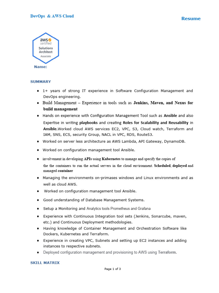 DevOps Engineer Resume: AWS & Kubernetes | PDF | Cloud Computing ...