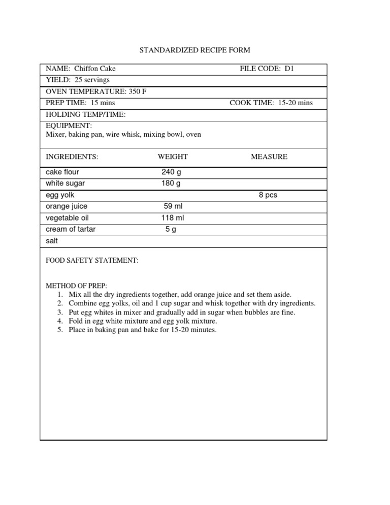 Chiffon Cake Standardized Recipe | PDF