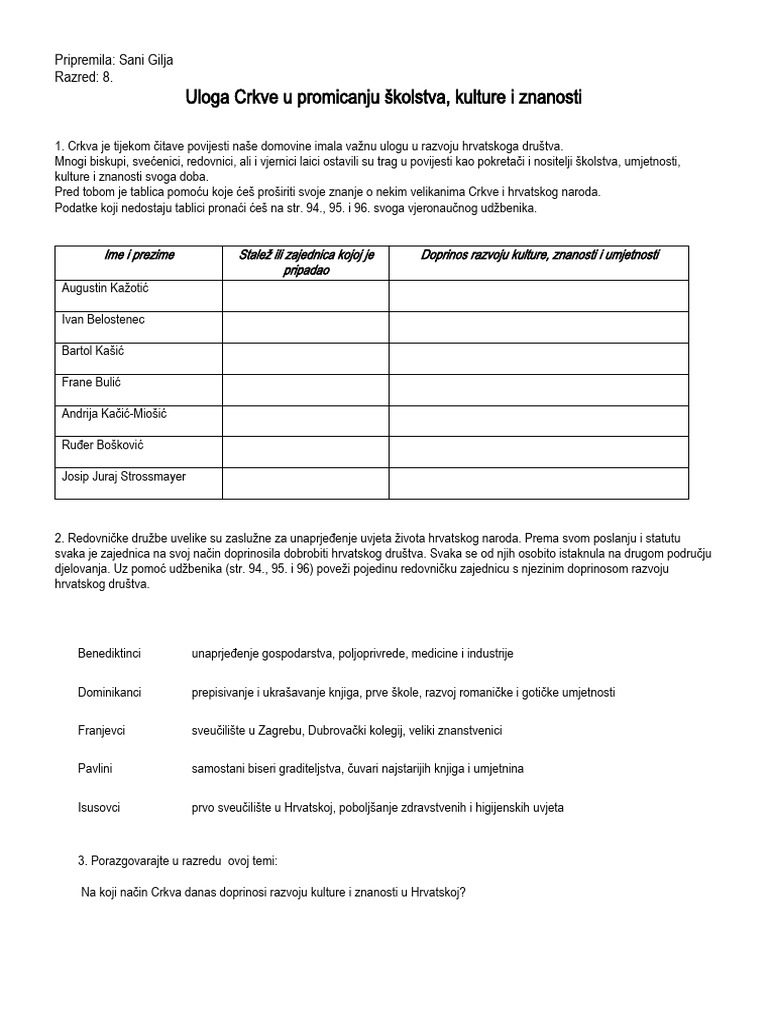 Uloga Crkve U Promicanju Skolstva Kulture Radni List Za 